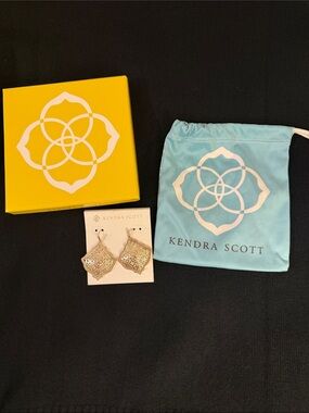 Kendra Scott Gold Filigree Drop Earrings with Turquoise Pouch and Yellow Box
